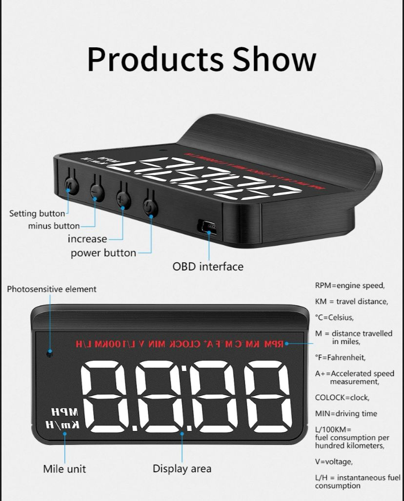 HUD M5 Proyector Digital OBD2 para Parabrisas – Velocidad, RPM, test de aceleración de 0 a 100 km/h. y Más