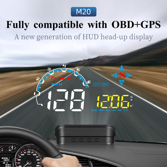 HUD M20 Proyector Digital para Parabrisas – GPS, OBD2, Velocidad, RPM, prueba de aceleración y Más